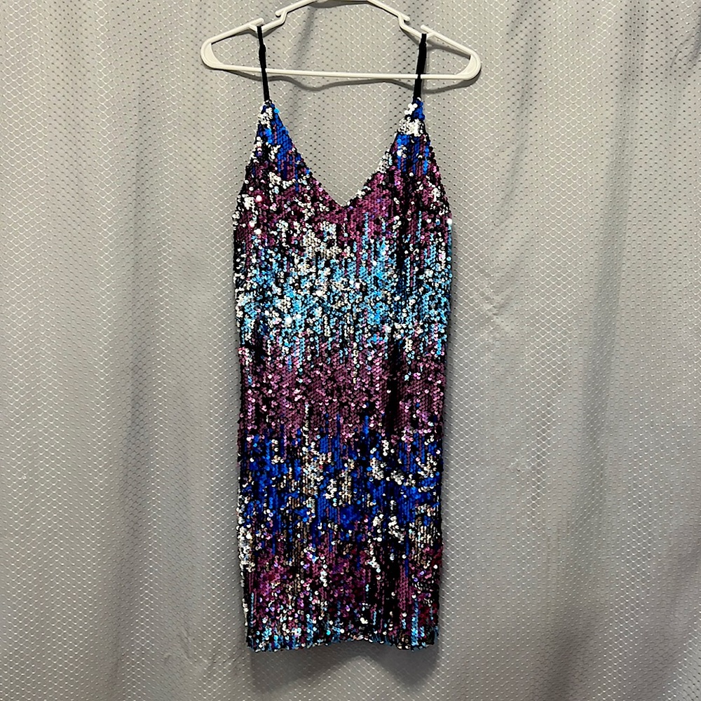 Sequin Party Dress - Blue, purple, and silver body con sequin dress